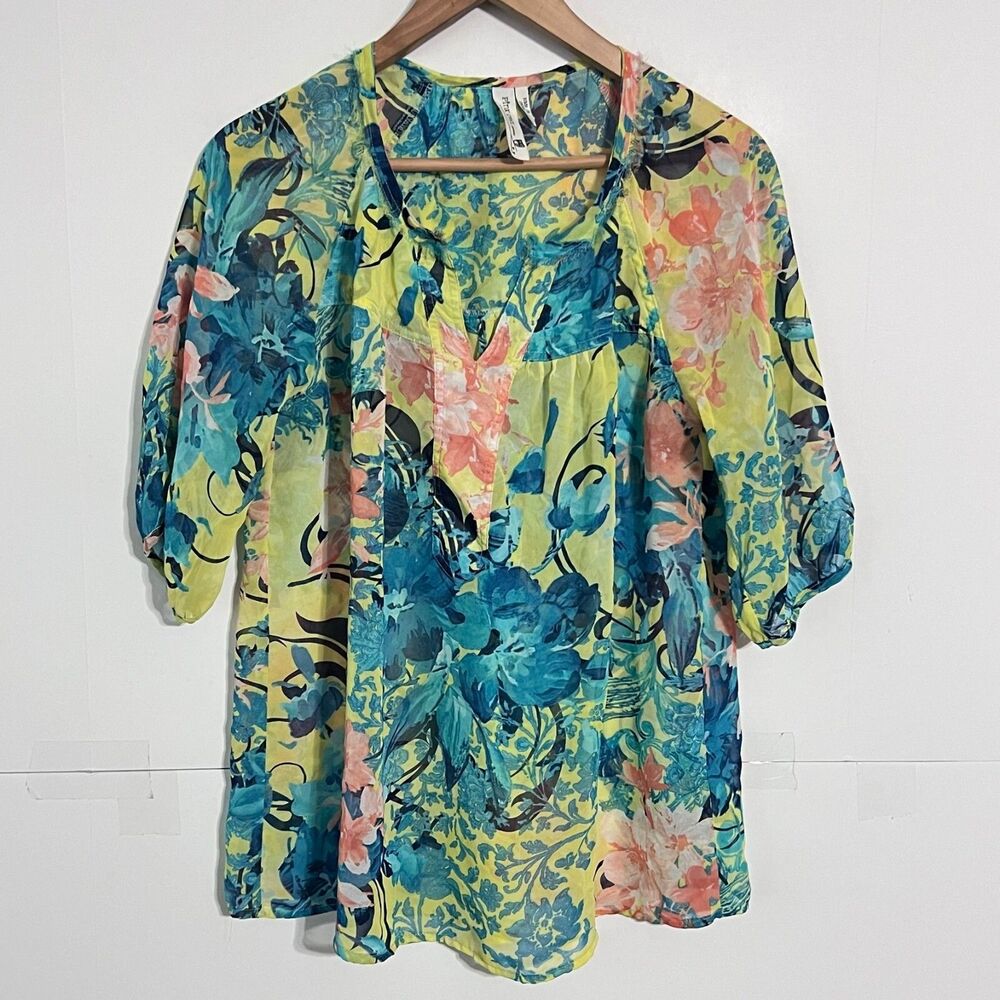 Pink Owl Apparel Womens See-Through Boho Top Size L Floral Multicolor Chiffon